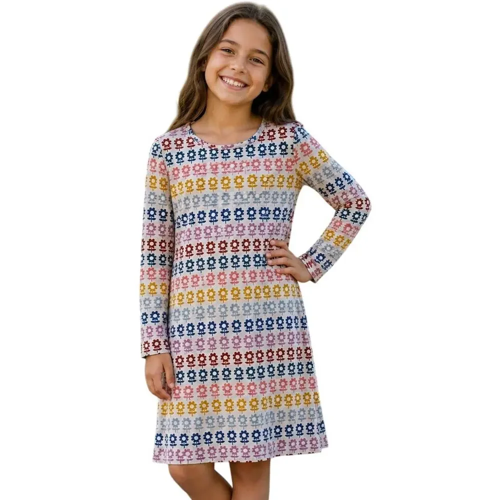 Hanna Andersson Floral Dress Size 130 cm (Girls 8) Gray Multicolor Cotton Casual